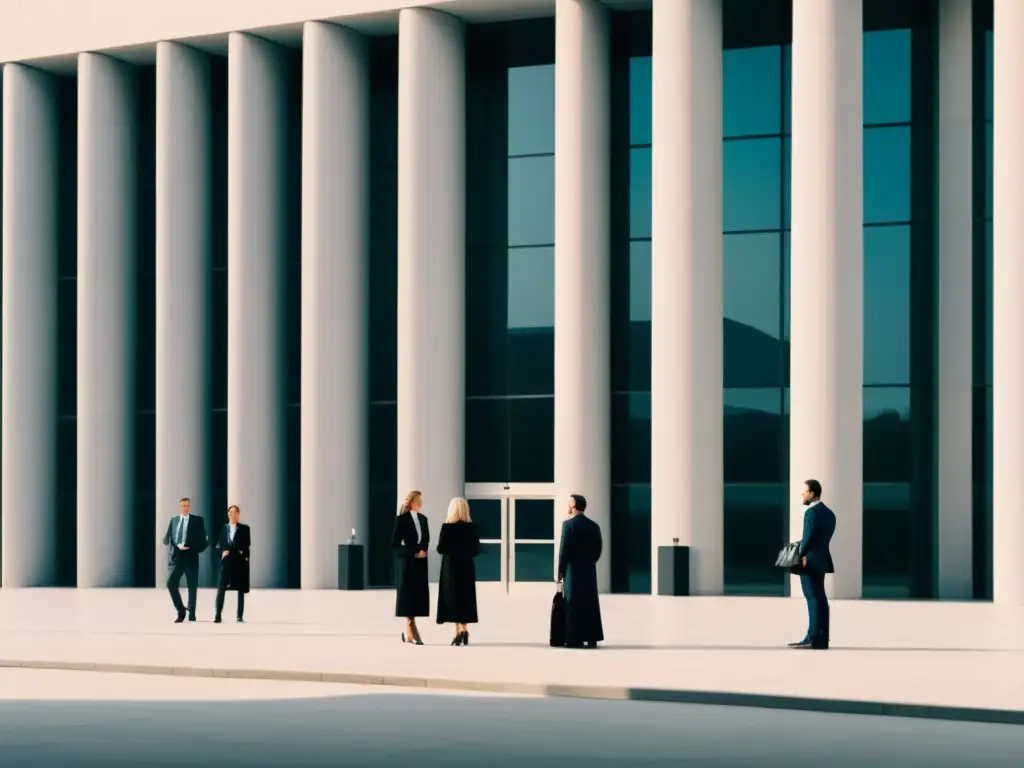 Grupo observando el poder culto Un grupo de personas discute afuera de un edificio imponente, representando la influencia de agentes externos en sectas