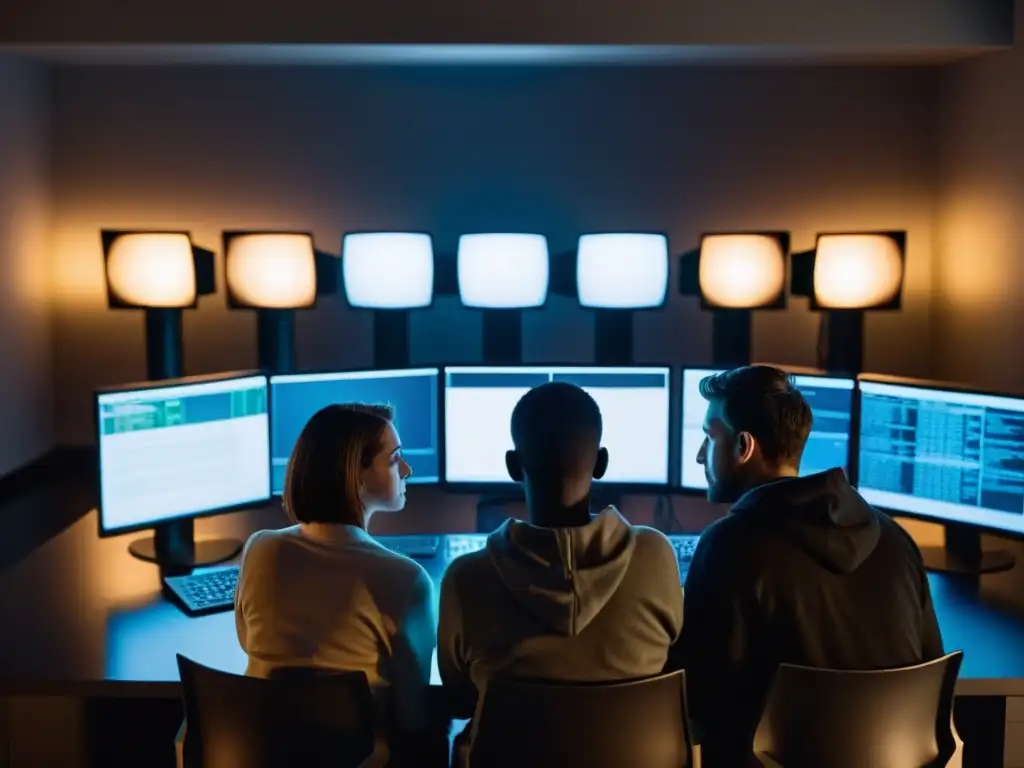 Inmersos en la pantalla: Comunidad virtual intensa Un grupo de personas en una habitación oscura, con rostros iluminados por las pantallas de computadora, mostrando intensa concentración y fatiga