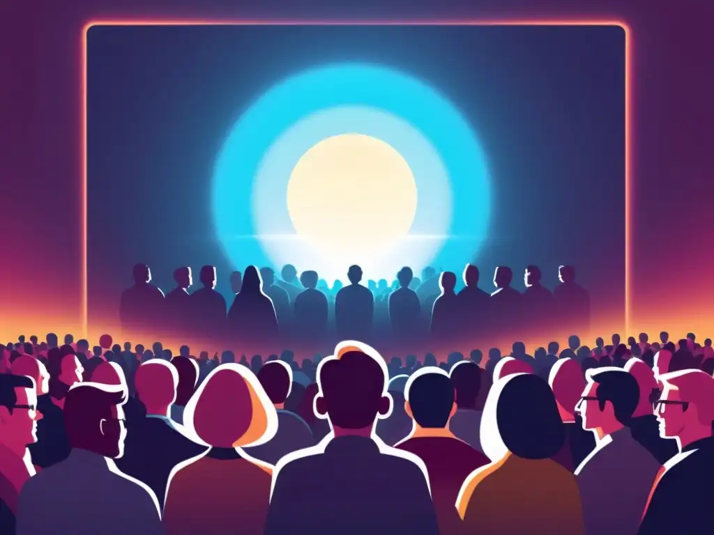 Carisma radiante: influencia mediática en acción Un grupo de personas hipnotizadas por una figura carismática en una pantalla brillante
