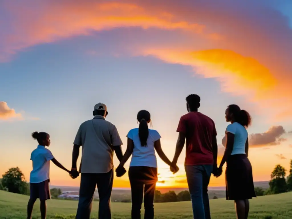 Unidos al atardecer: Resistencia comunitaria contra cultos Un grupo de personas de una pequeña comunidad se unen en círculo, mostrando determinación y serenidad en medio de un vibrante atardecer