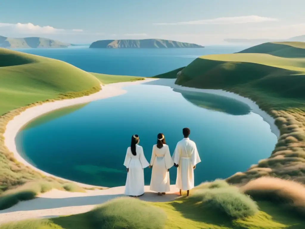 Un grupo de personas en túnicas blancas forman un círculo, unidos y serenos