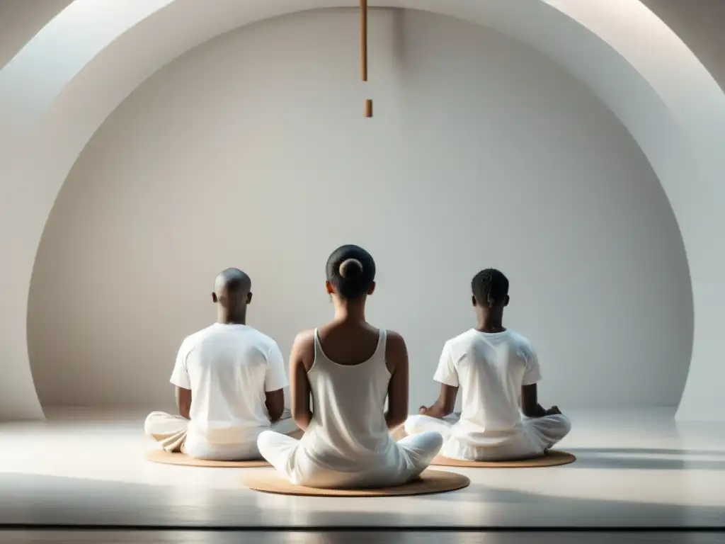 Meditación en grupo: serenidad y paz en un círculo blanco Un grupo de personas vestidas de blanco medita en círculo en un espacio tranquilo, evocando calma y reflexión