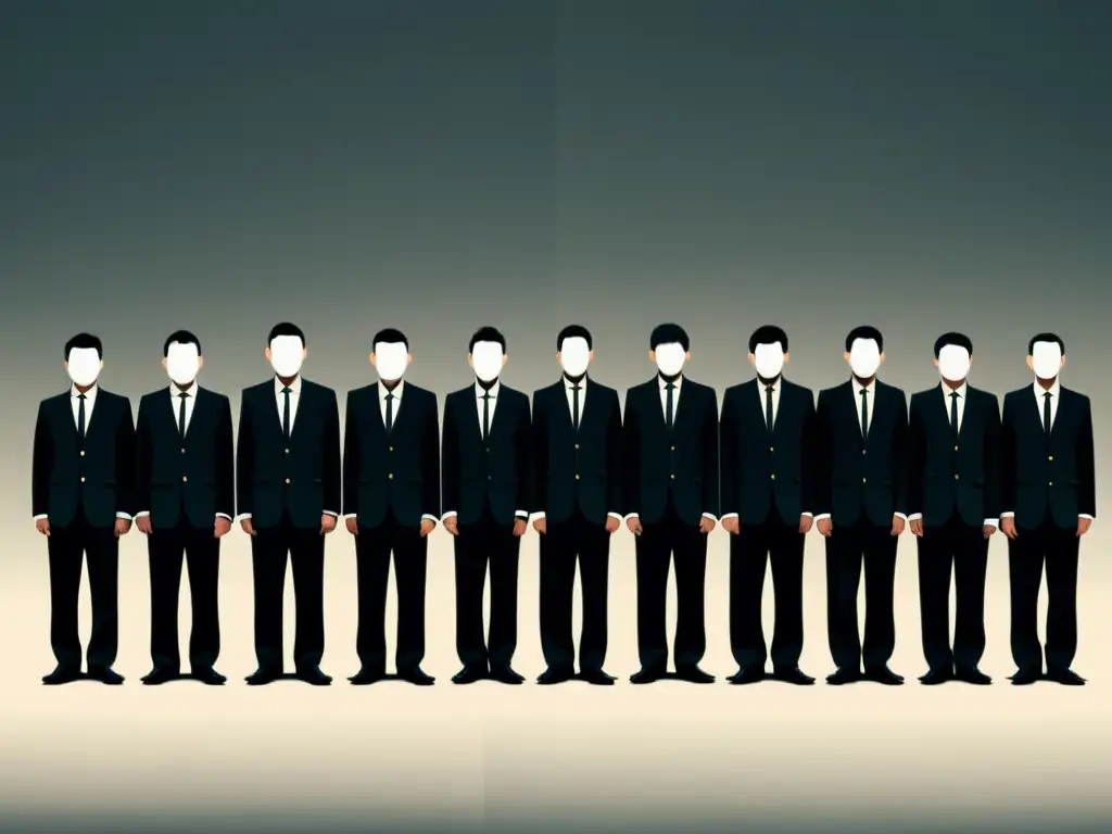 Indoctrinación en la secta: uniformidad y control Un grupo de personas vestidas de manera idéntica en filas con las cabezas ligeramente inclinadas, evocando manipulación psicológica en sectas
