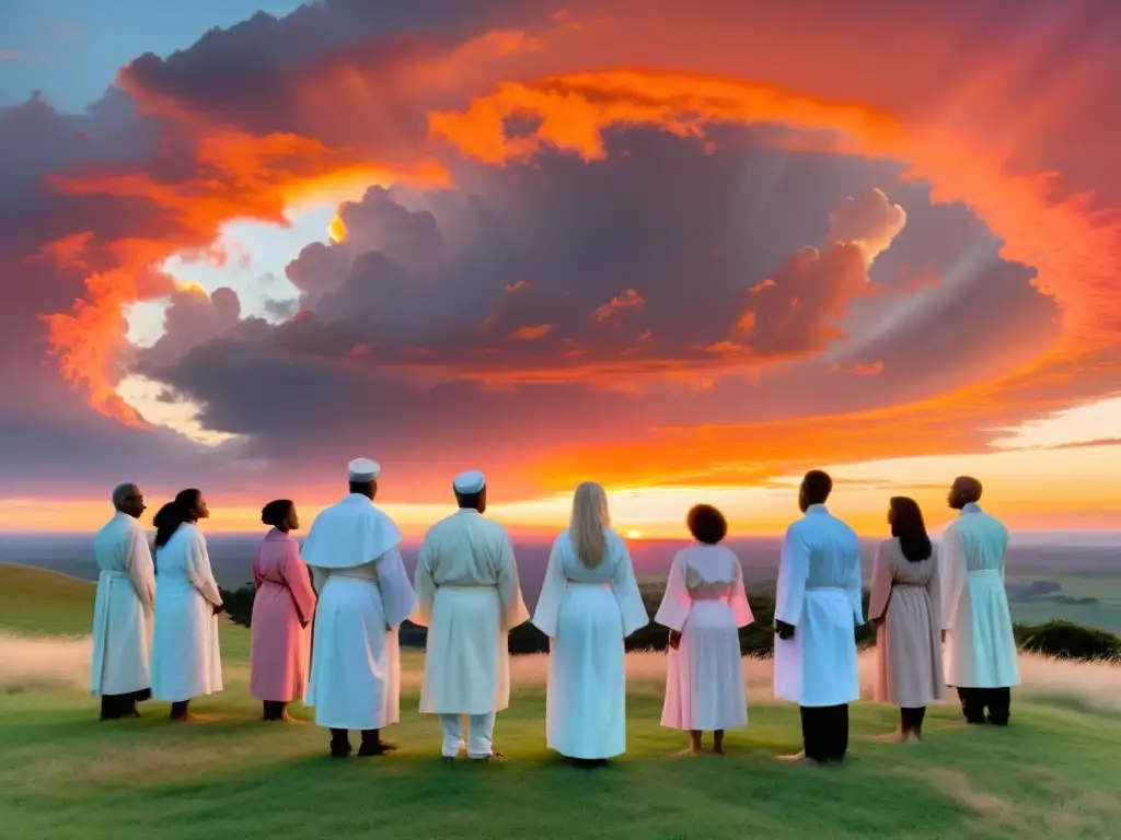 Un grupo de personas vestidas con túnicas blancas en un círculo en una colina, mirando al cielo al atardecer