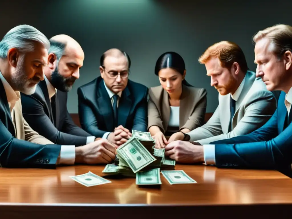 Transacción secreta en reunión de culto Un grupo en profunda discusión alrededor de una mesa, intercambiando dinero en secreto