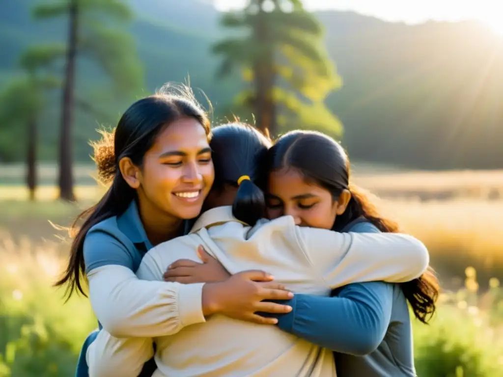 Abrazo de Libertad: Supervivientes de Culto Los Niños de Dios Grupo de sobrevivientes del culto familiar Los Niños de Dios abrazándose en un prado, mostrando determinación y esperanza bajo el cálido sol
