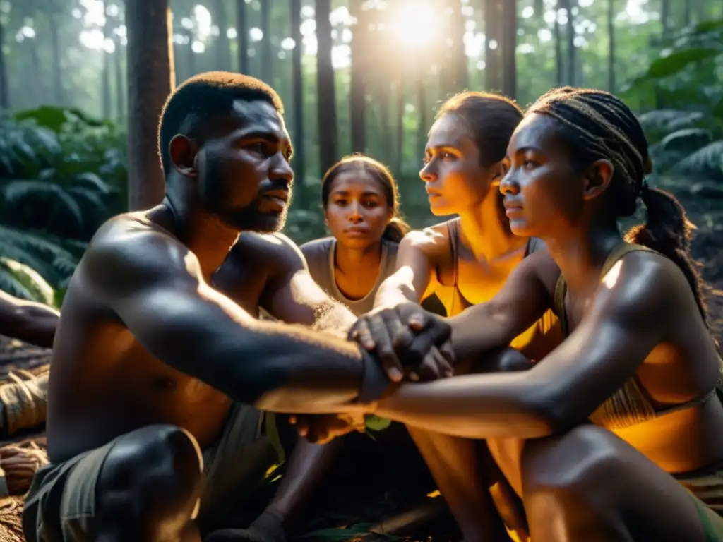 Grupo de sobrevivientes se sostienen de las manos en un círculo en el bosque, mostrando alivio y trauma