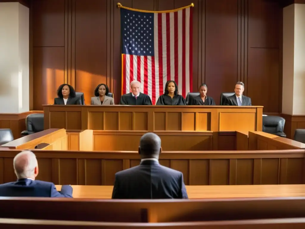 Testigos decididos en el tribunal: fuerza y determinación Un grupo de testigos diversos se prepara para testimoniar en un juicio, mostrando determinación y fuerza bajo la cálida luz del tribunal