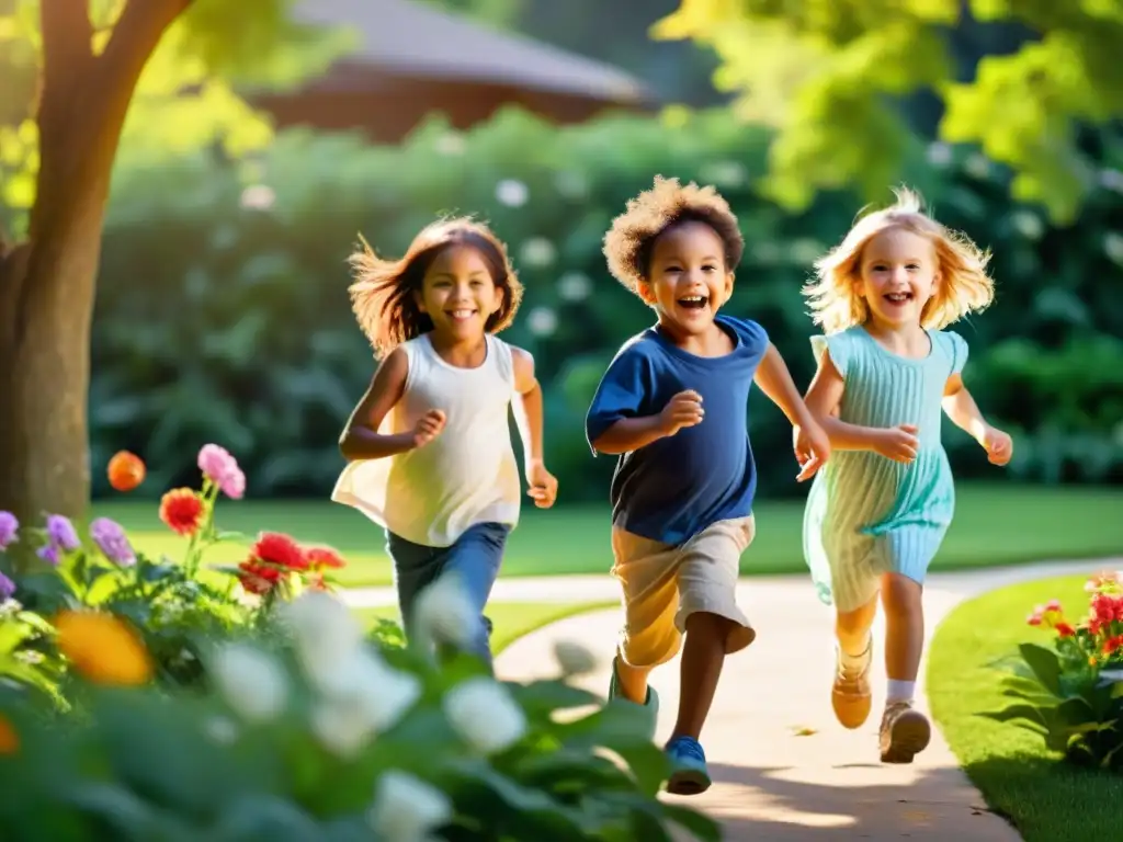 Juegos infantiles en un jardín soleado Un grupo de niños jugando y riendo en un jardín tranquilo, bañado por la cálida luz del sol