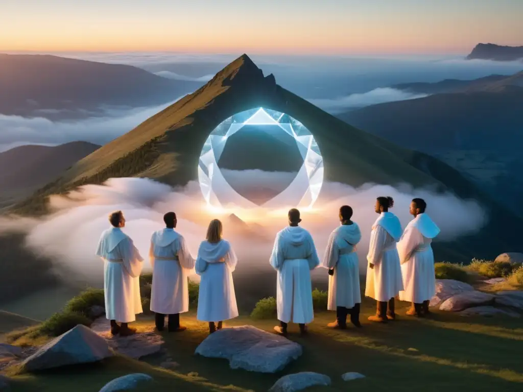 Grupo en túnicas blancas en círculo, con cristal radiante en montaña remota al amanecer