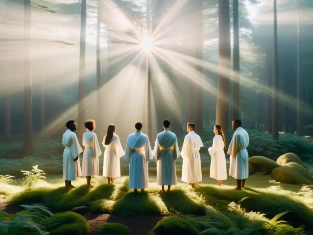 Un grupo en túnicas blancas se reúne en un claro del bosque, sosteniendo objetos misteriosos