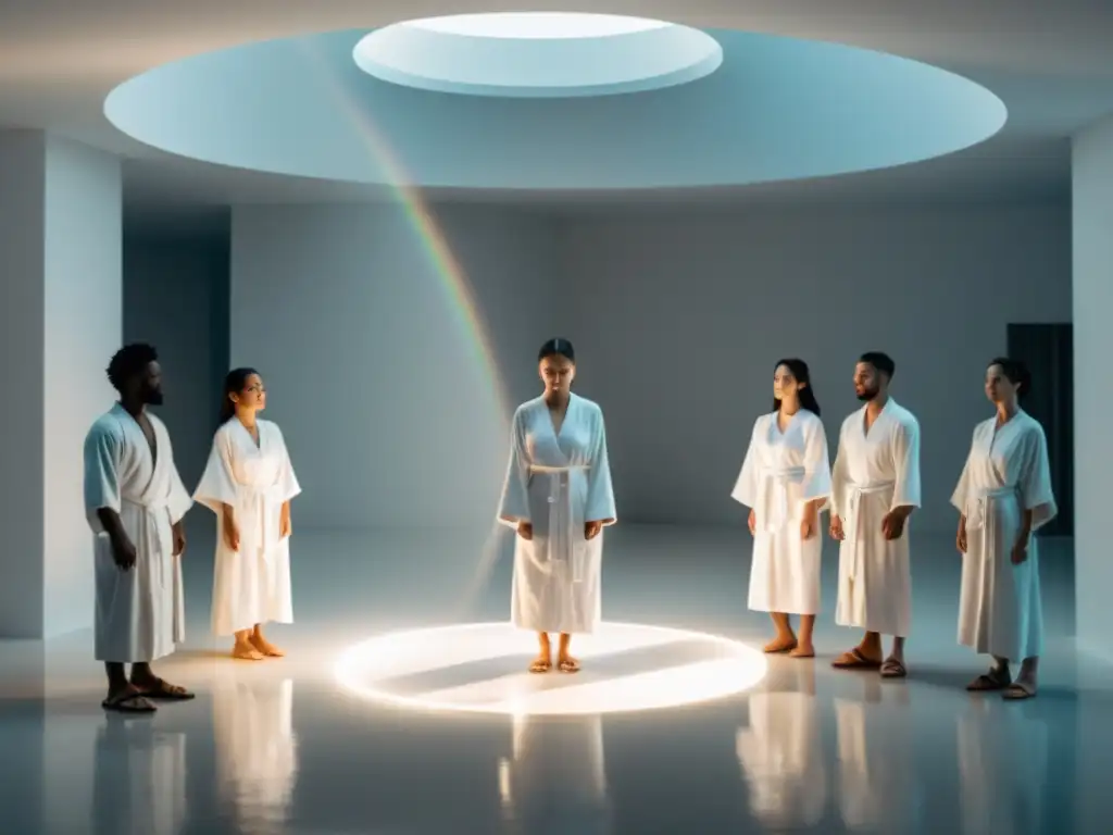 Un grupo en túnicas blancas sostiene manos en círculo, con los ojos cerrados