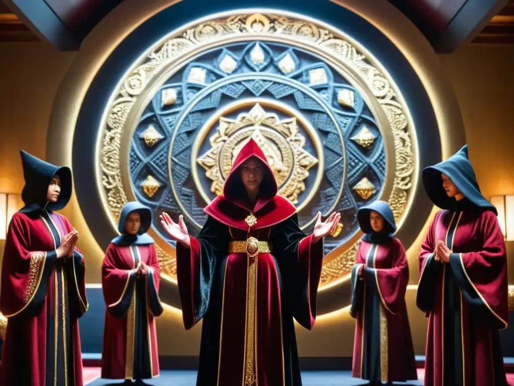 Grupo en túnicas rojas y negras rodea a líder ceremonial, creando misterio y poder en una atmósfera de secreto y antiguo ritual