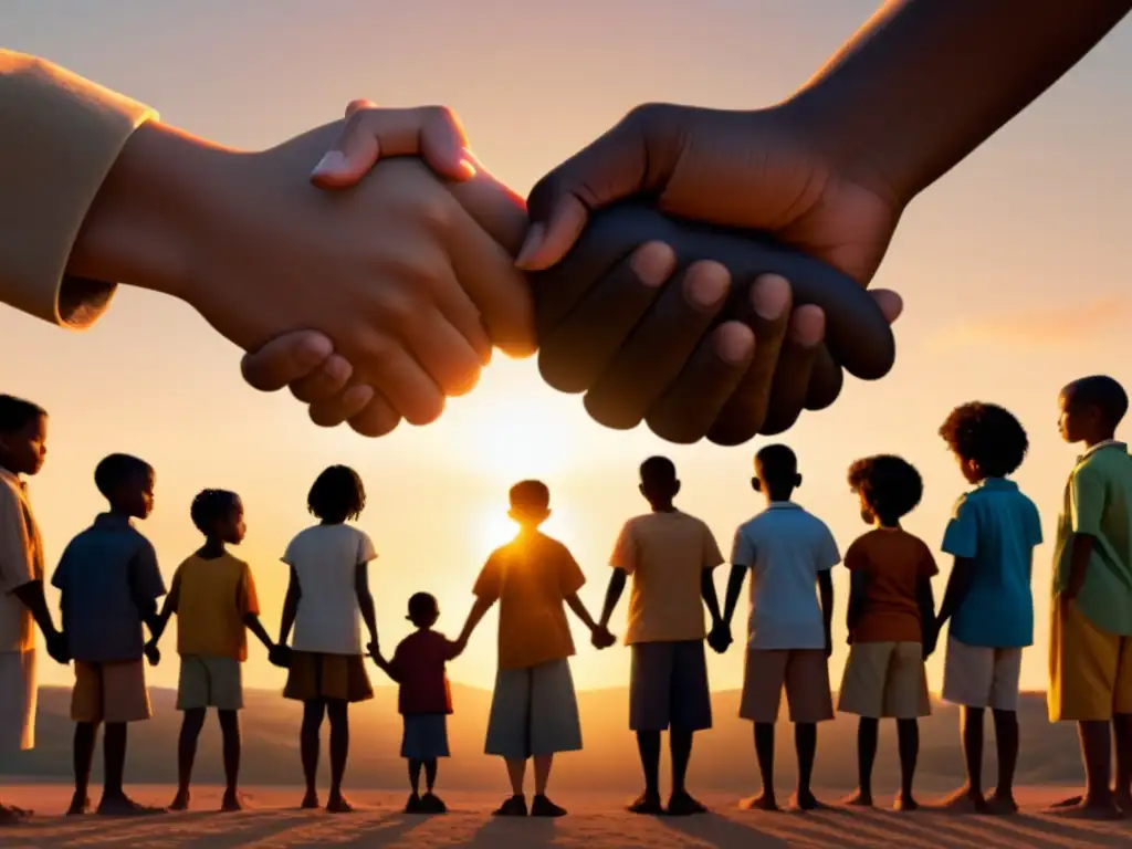 Grupo unido de adultos y niños en círculo, tomados de la mano al atardecer, transmitiendo unidad y prevención del ingreso a cultos