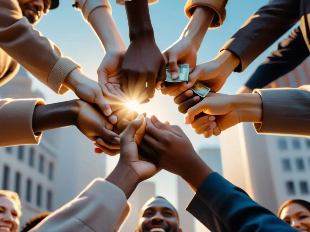 Comunidad solidaria reunida para crowdfunding Un grupo urbano reunido en círculo, intercambiando dinero con confianza y calidez