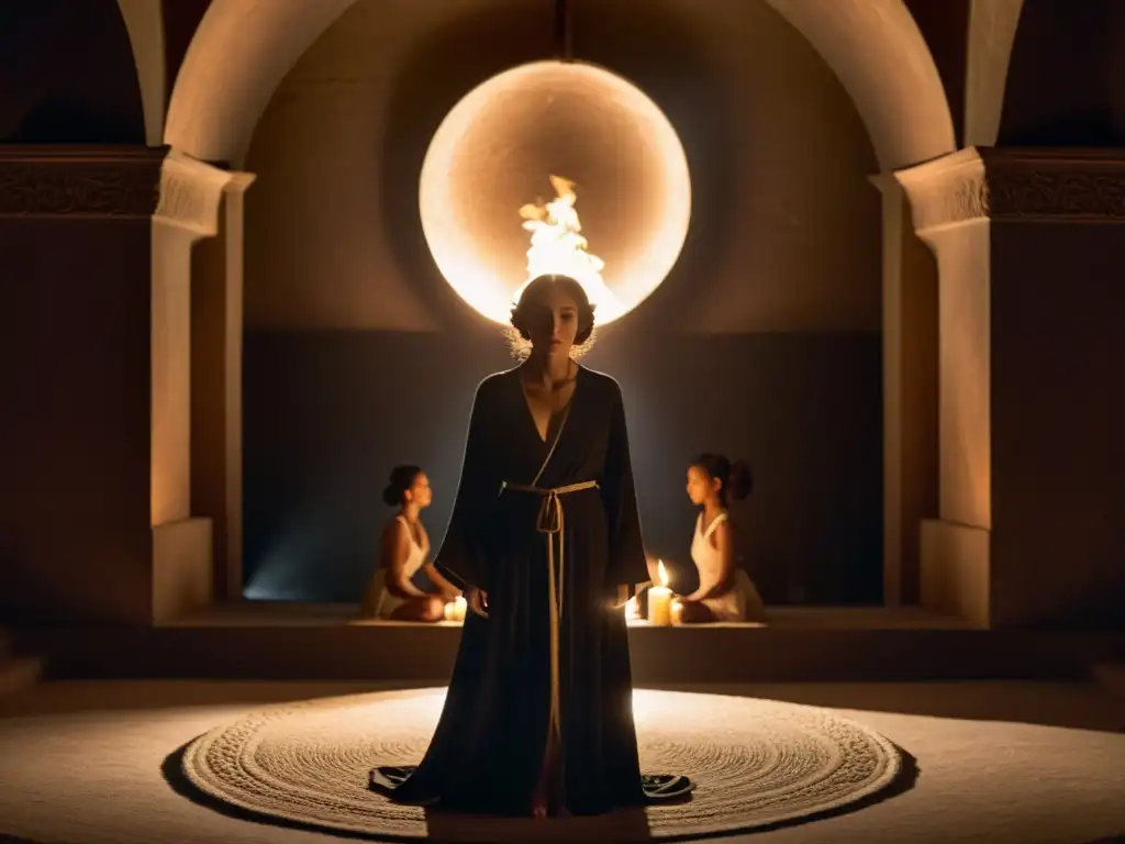 Rituales místicos: Elixir enigmático a la luz de las velas Grupo en túnicas observa vial misterioso en círculo iluminado por velas