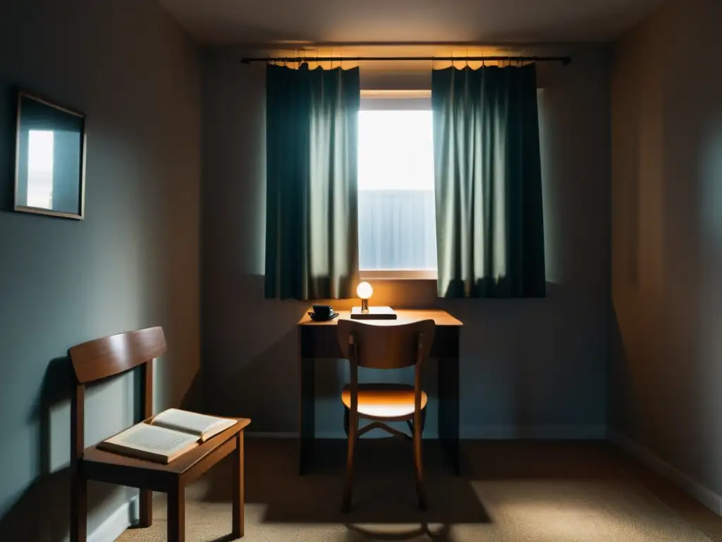 Misterio en la habitación sombría: La historia de sacrificio Una habitación con ambiente sombrío y la novela 'La Secta Solar: Historia de Sacrificio'