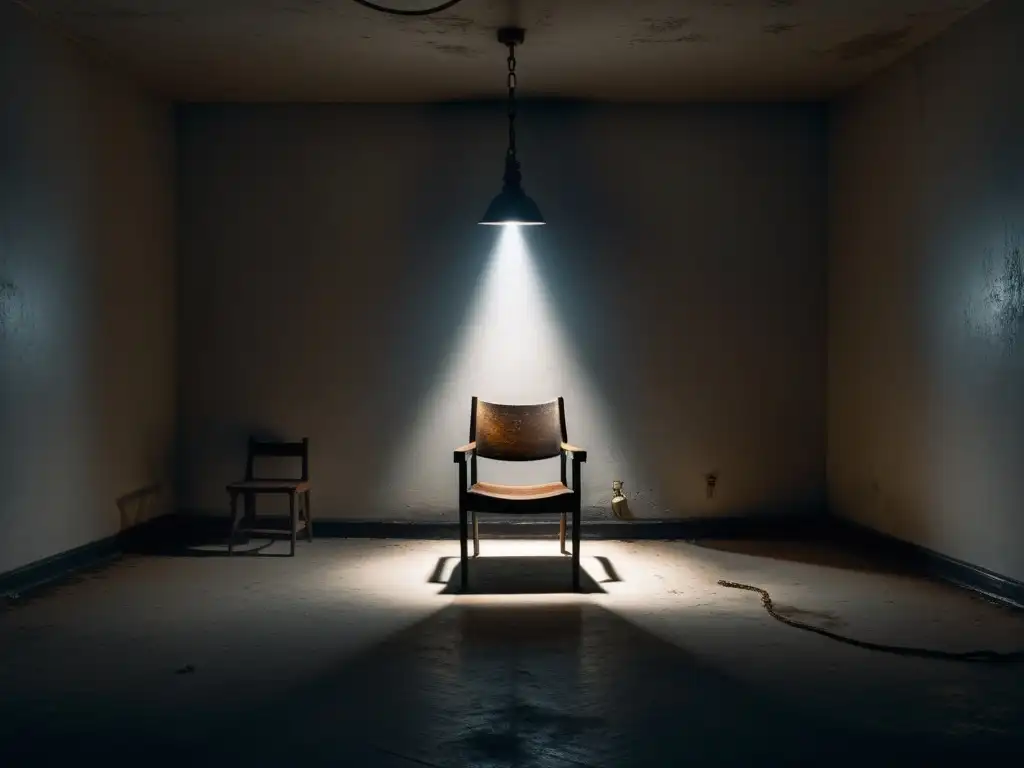 Una habitación desolada con una silla vacía iluminada por un foco, sugiriendo desapariciones forzadas en cultos