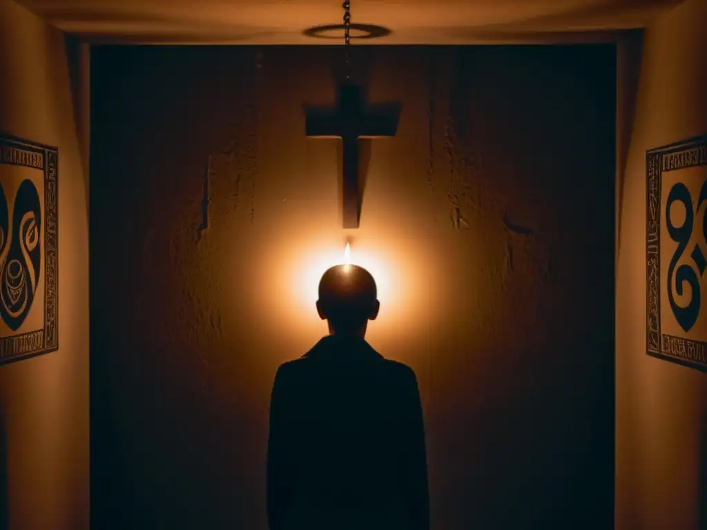 Figura solitaria en una habitación lúgubre con una vela titilante En una habitación sombría, una figura solitaria muestra miedo y vulnerabilidad junto a una vela titilante