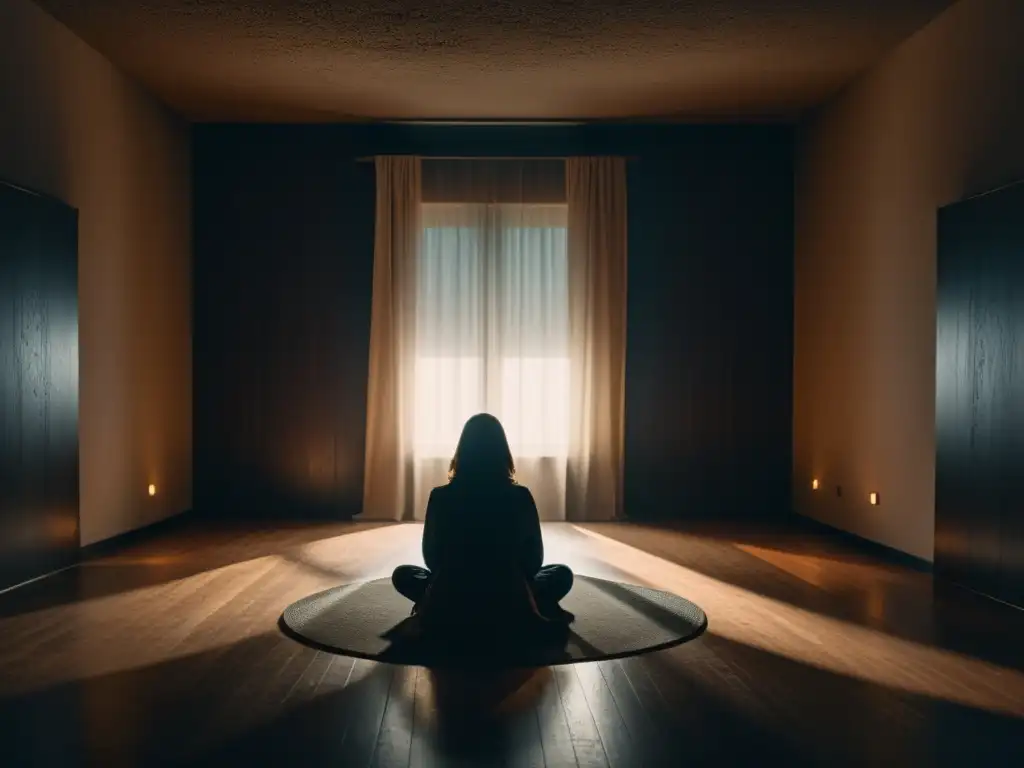 Desgarradora soledad: el impacto de cultos En una habitación tenue, una figura solitaria está rodeada de sombras, representando el impacto psicológico de los cultos