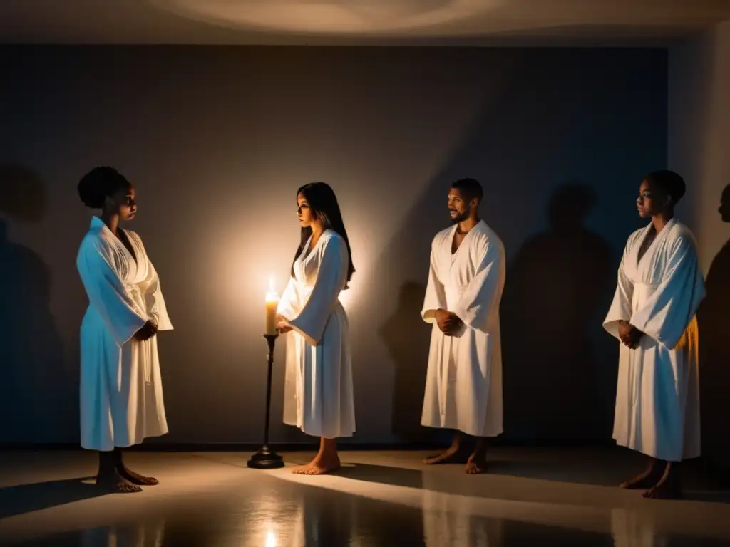 Ritual misterioso en la penumbra: control y misterio En una habitación tenue, un grupo con túnicas blancas se une en círculo, con cabezas inclinadas y manos entrelazadas