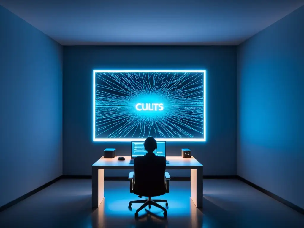 Una habitación tenue con una pantalla de computadora iluminada, mostrando una red de cultos en línea