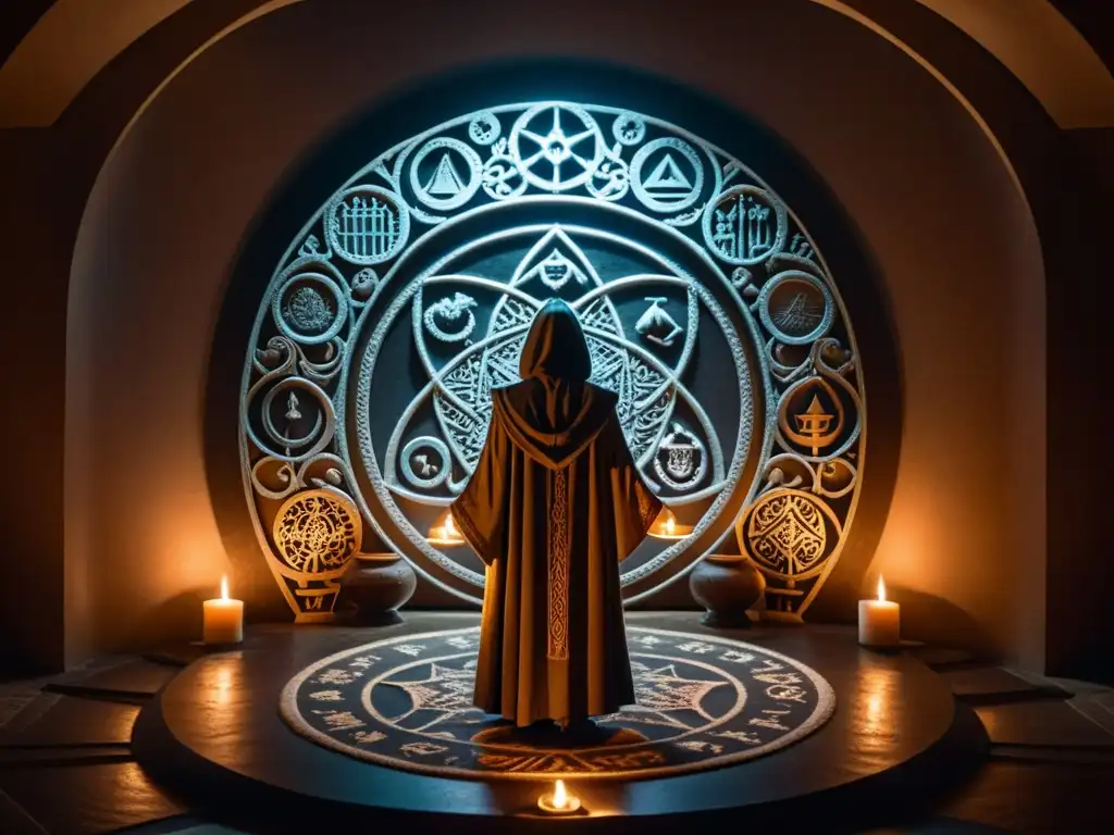 Ritual misterioso en la oscuridad: símbolos antiguos y velas En una habitación tenue, símbolos intrincados y velas forman un círculo en el suelo