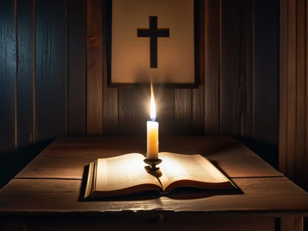 Misterioso libro antiguo iluminado por una vela Una habitación tenue con una vela encendida en una mesa de madera, proyectando sombras inquietantes en las paredes