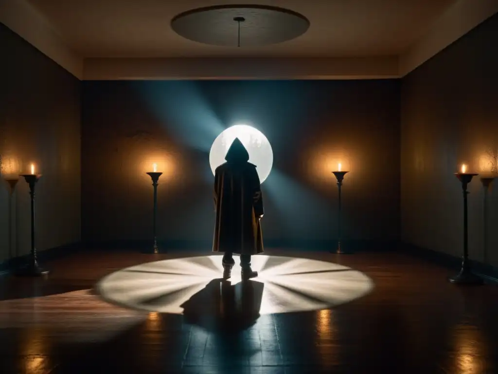 Rituales en la penumbra: misterio y suspenso en el círculo de capuchas En una habitación tenue, una vela proyecta sombras inquietantes