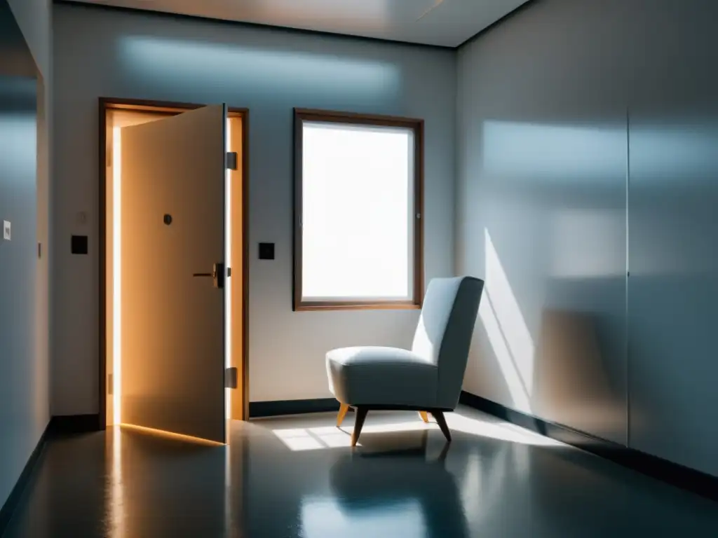Después de dejar una secta: aislamiento en sala blanca Una habitación vacía con paredes blancas y una silla en el centro, bañada en luz fría y clínica