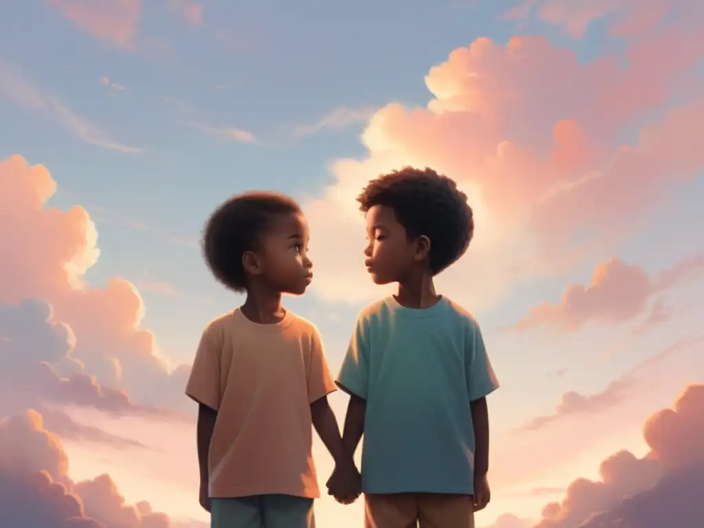 Apoyo fraternal: Serenidad en la recuperación Dos hermanos brindando apoyo mutuo bajo un cielo tranquilo y cálido