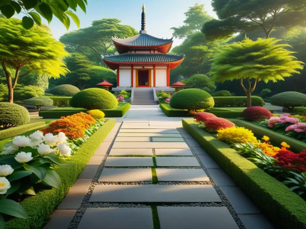 Un hermoso jardín tranquilo con un sendero de piedra que conduce a una pagoda rodeada de vegetación exuberante y flores coloridas