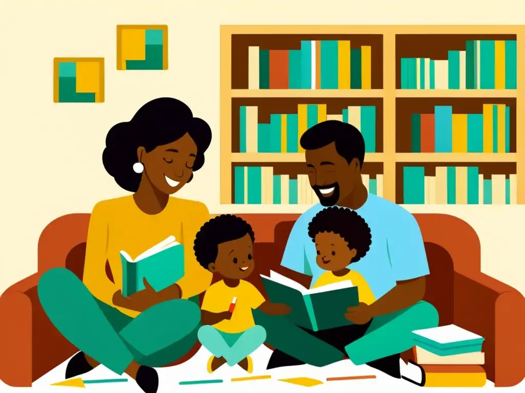 Una ilustración detallada muestra a una familia participando en actividades educativas, rodeada de libros y materiales