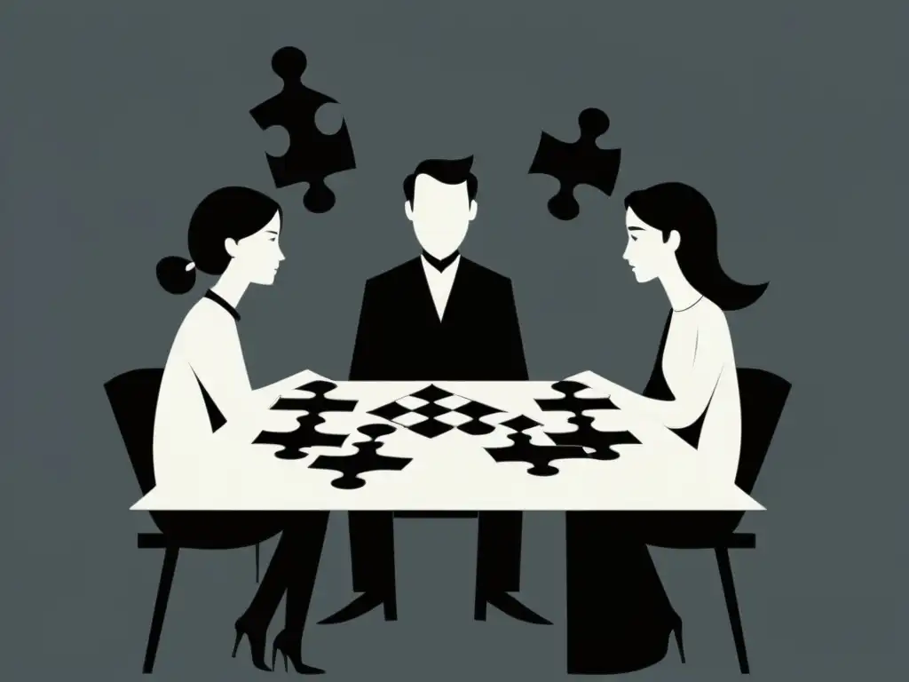 Fragmentación familiar: ilustración minimalista en blanco y negro Una ilustración impactante en blanco y negro muestra una familia fracturada sentada a la mesa, reflejando el impacto de nuevas sectas en la familia