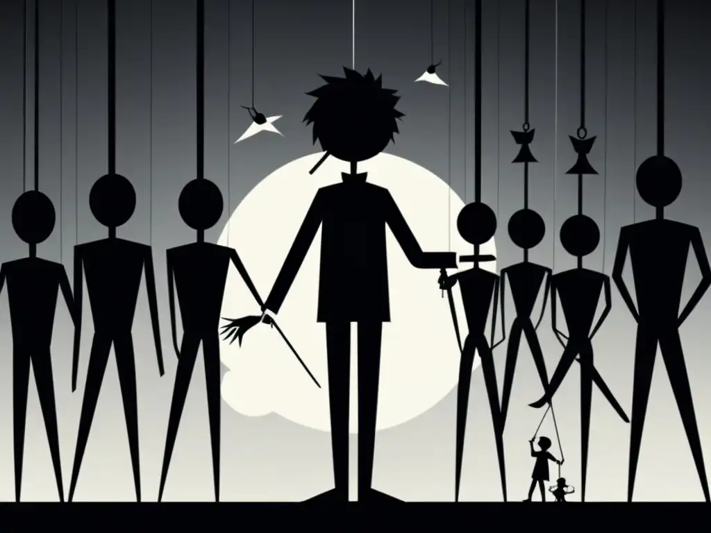 Marionetas de la manipulación: ilustración impactante Una ilustración impactante y minimalista que representa el control mental en cultos contemporáneos