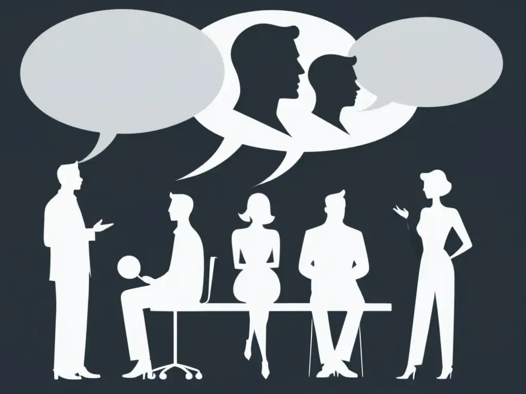 Intensa controversia: debate en blanco y negro Una ilustración minimalista en blanco y negro muestra un grupo debatiendo intensamente, con burbujas de diálogo y lenguaje corporal expresivo