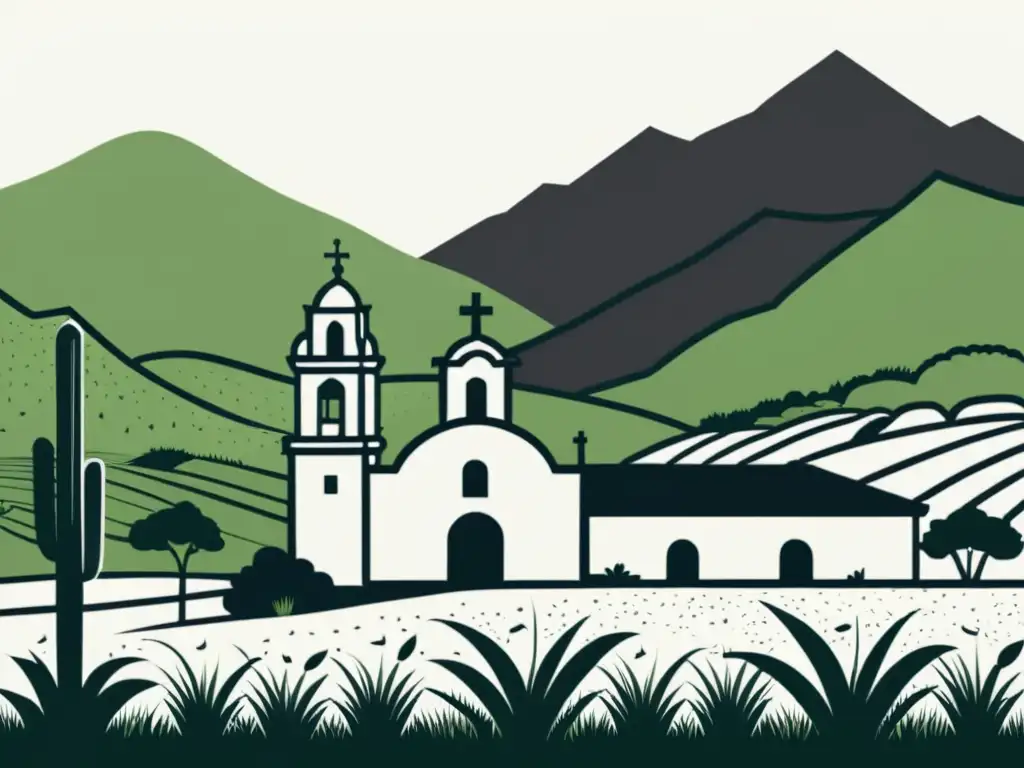 Pintura detallada de pueblo mexicano con iglesia Una ilustración minimalista en blanco y negro de un pequeño pueblo rural mexicano, con una iglesia como enfoque central