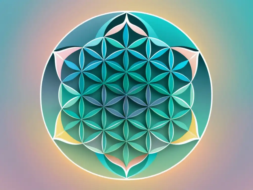 Patrón geométrico de Flor de la Vida en tonos pastel Una ilustración minimalista y cautivadora del patrón geométrico Flor de la Vida, con círculos entrelazados en una formación simétrica armoniosa