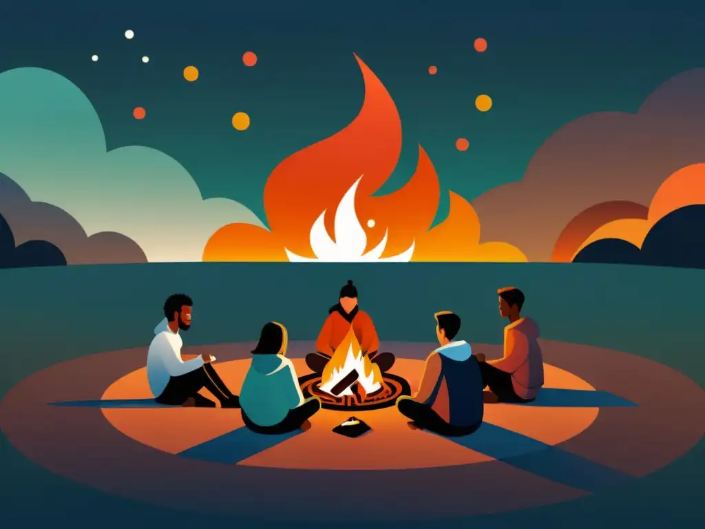 Comunidad encriptada: conexión digital y unidad Una ilustración minimalista de una comunidad diversa reunida alrededor de una fogata virtual en un paisaje digital, con códigos y símbolos encriptados integrados sutilmente