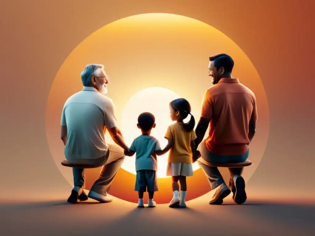 Una ilustración minimalista de una familia sentada en círculo, unida de manos, con expresiones cálidas y de apoyo