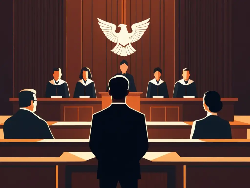 Testimonio valiente contra líderes sectarios Una ilustración minimalista de un juicio, con un testigo confiado enfrentando a los líderes de la secta