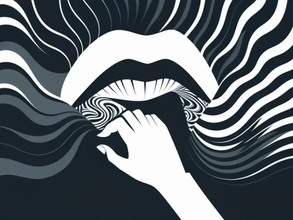 Control y manipulación: ilustración minimalista Una ilustración minimalista de una persona con la boca tapada por una mano, rodeada de patrones hipnóticos en blanco y negro