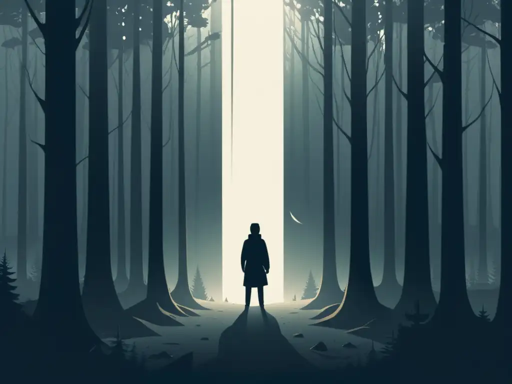 Una ilustración minimalista de una persona en un bosque oscuro, con una tenue luz a lo lejos simbolizando esperanza y escape de sectas