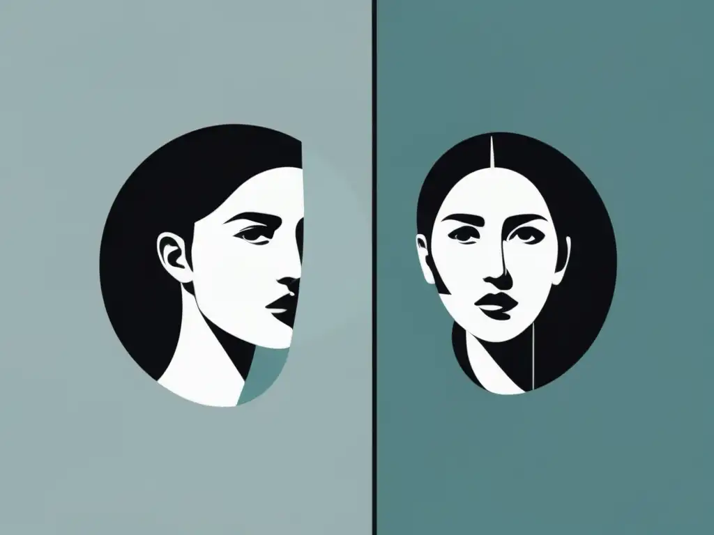 Una ilustración minimalista que muestra a una persona mirándose en un espejo, con su reflejo distorsionado y fragmentado
