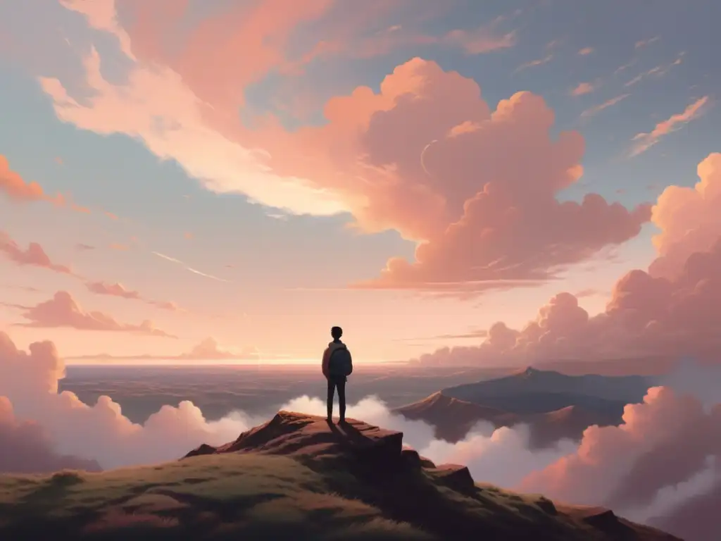 Una ilustración minimalista de una persona contemplando un horizonte brillante y esperanzador, evocando recuperación mental tras experiencia cultos