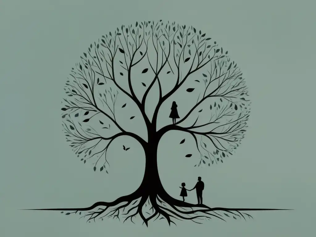 Ramas fracturadas: reflexión sobre la familia en evolución Una ilustración minimalista y serena de un árbol genealógico fracturado, con ramas delicadas separándose del tronco principal
