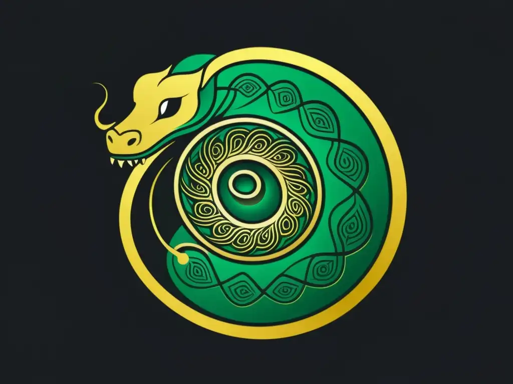 Serpiente espiritual en ilustración minimalista Una ilustración minimalista de una serpiente enroscada, con escamas detalladas en tonos verdes y dorados
