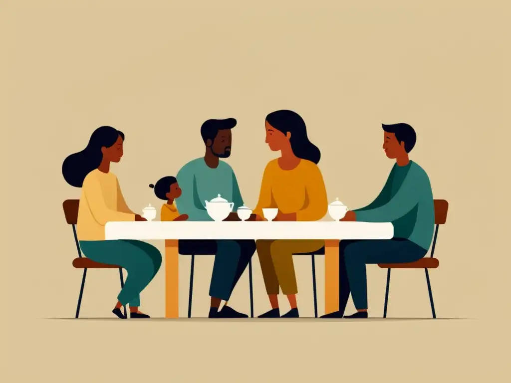 Una ilustración serena y minimalista de una familia reunida alrededor de una mesa, comunicándose abierta y solidariamente