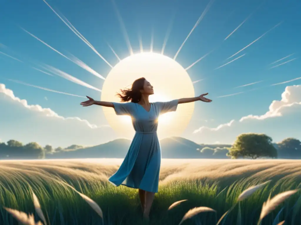 Una ilustración serena y minimalista de una persona en un campo, con los brazos extendidos hacia el sol