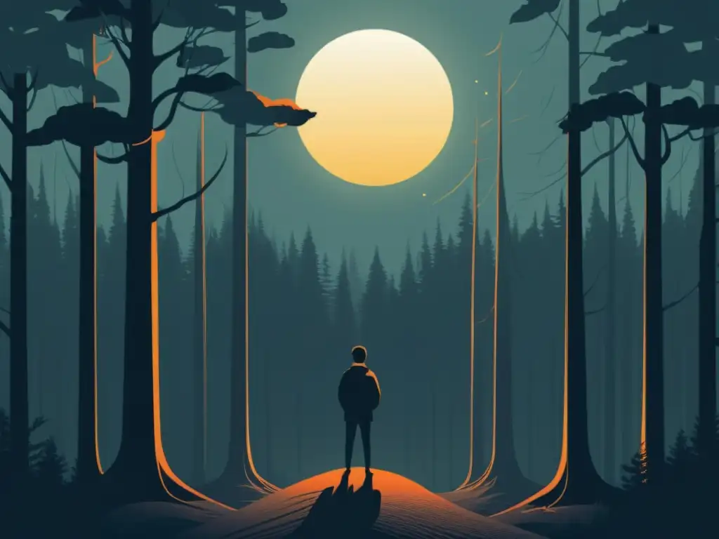 Trascendiendo el pasado: Esperanza en la soledad del bosque Una ilustración serena y minimalista de una persona en el borde de un oscuro bosque, con el sol rompiendo a través de los árboles